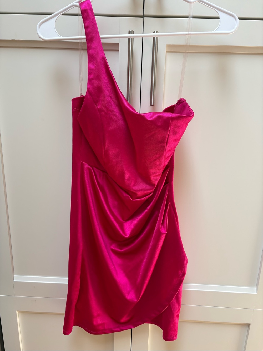 Emerald Sundae One-Shoulder Hot Pink Satin Dress